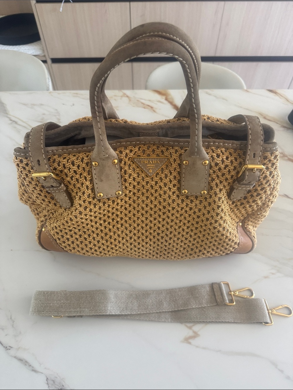 Prada Yellow Crochet Shoulder Bag with Taupe Leather Trim and shopping bag - Picture 1 of 16